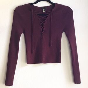 Ribbed burgundy knit sweater lace up front fairycore renaissance witchy